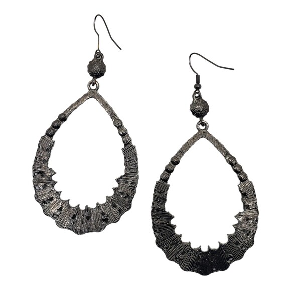 Large Gunmetal Gray Black White Rhinestone Teardrop Hook Dangle Pierced Earrings - Picture 3 of 10